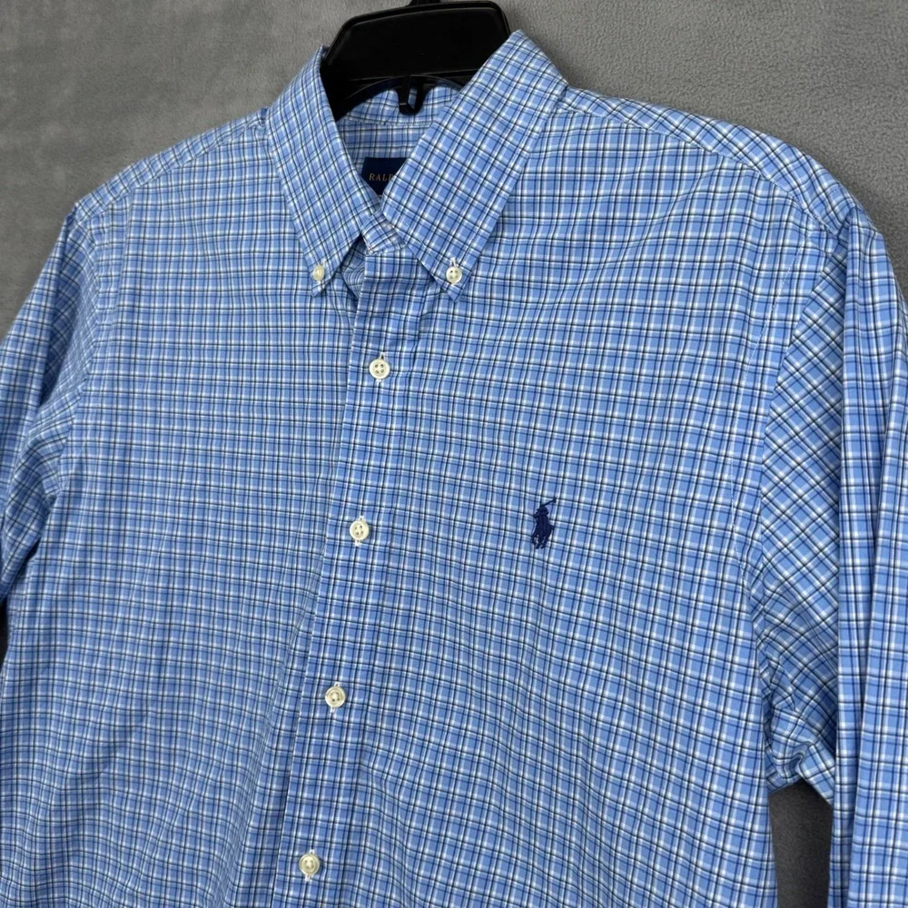 Ralph Lauren Mens Plaid Button Down Shirt Long Sleeve Blue White Size M‎ Pony